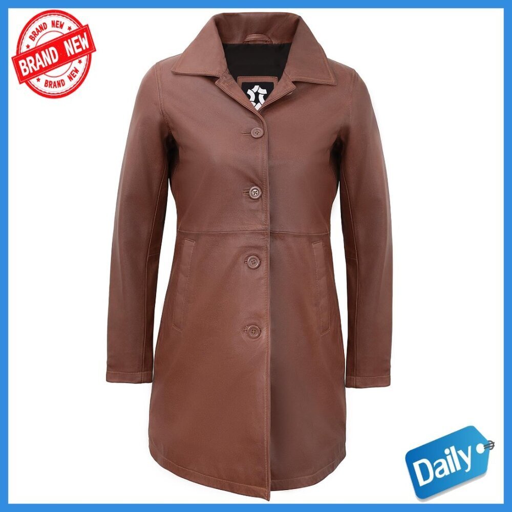 Real Lambskin Leather Coat Women's Long Sleeve Button Closure Regular Fit